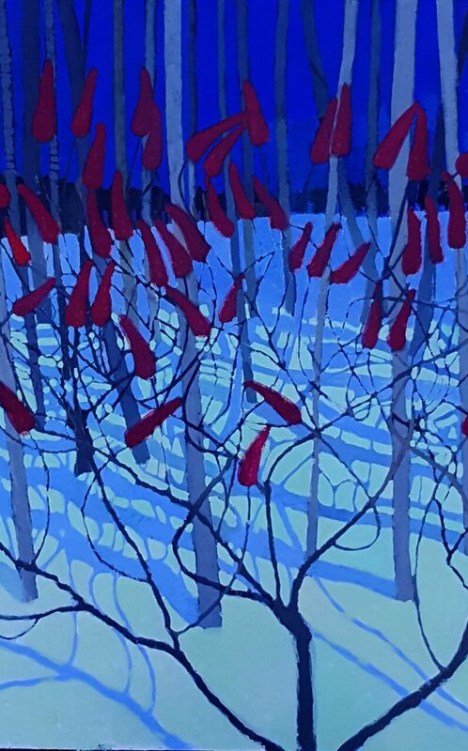 Sumac in Moonlight, oil on gesso board, by Shona Sladyk